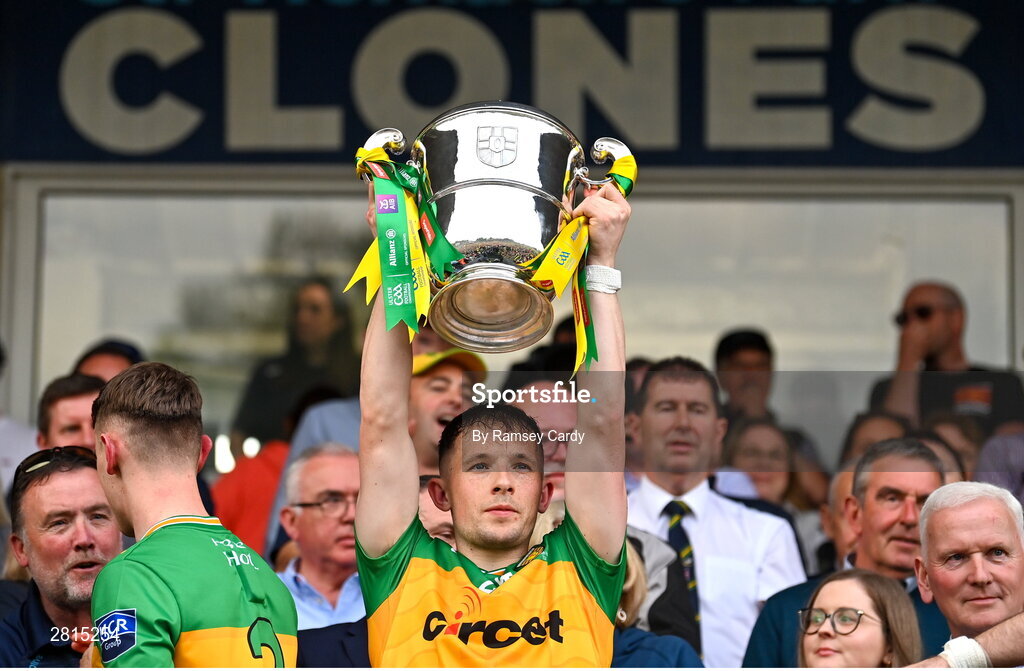 12 May 2024; Aaron Doherty of Donegal lifts the Anglo Celt Cup after the Ulster GAA Football Senior Championship final match between Armagh and Donegal at St Tiernach's Park in Clones, Monaghan. Photo by Ramsey Cardy/Sportsfile