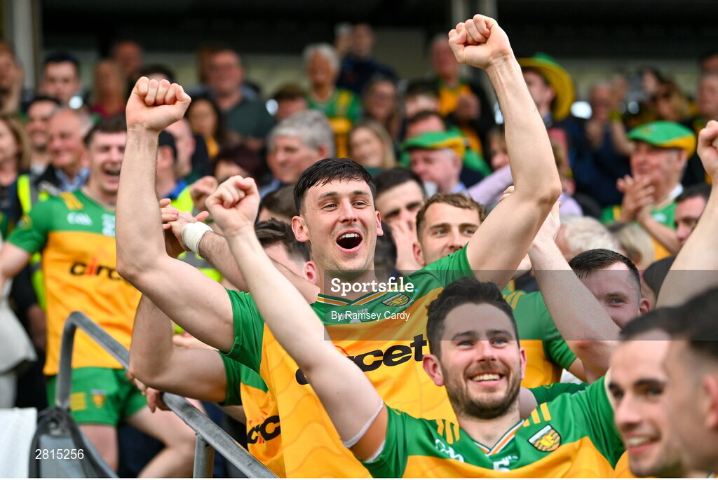 12 May 2024; Jason McGee of Donegal celebrates after the Ulster GAA Football Senior Championship final match between Armagh and Donegal at St Tiernach's Park in Clones, Monaghan. Photo by Ramsey Cardy/Sportsfile