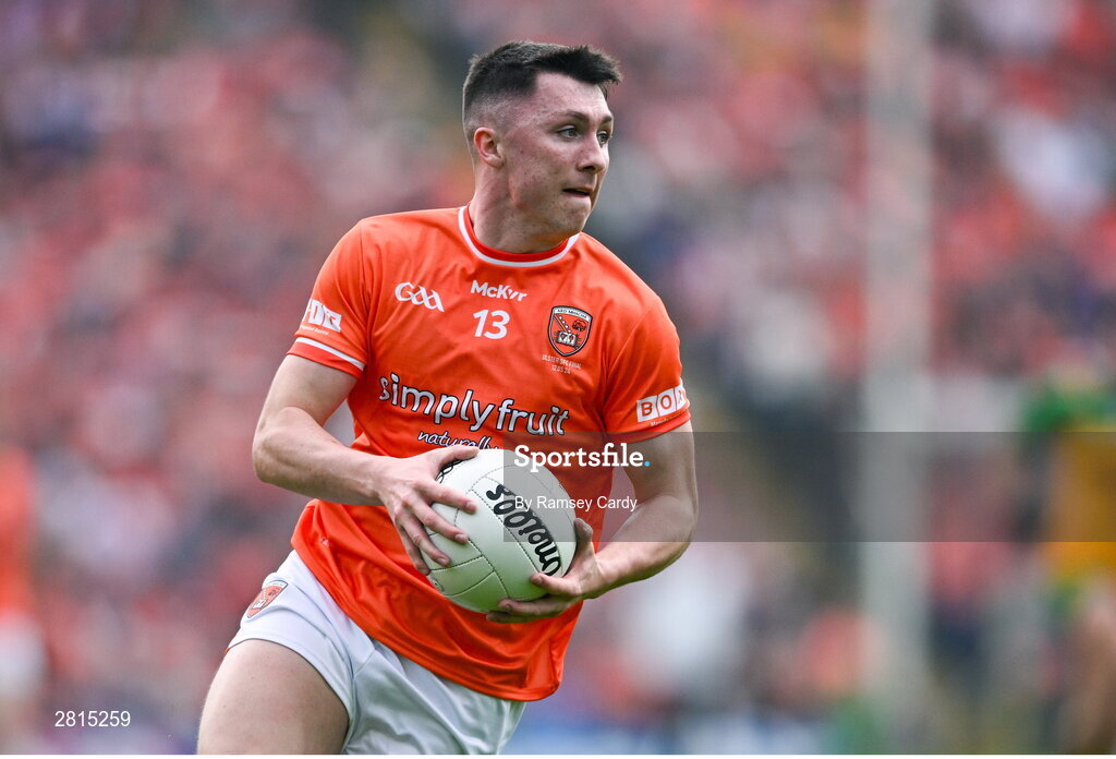 12 May 2024; Oisin Conaty of Armagh during the Ulster GAA Football Senior Championship final match between Armagh and Donegal at St Tiernach's Park in Clones, Monaghan. Photo by Ramsey Cardy/Sportsfile