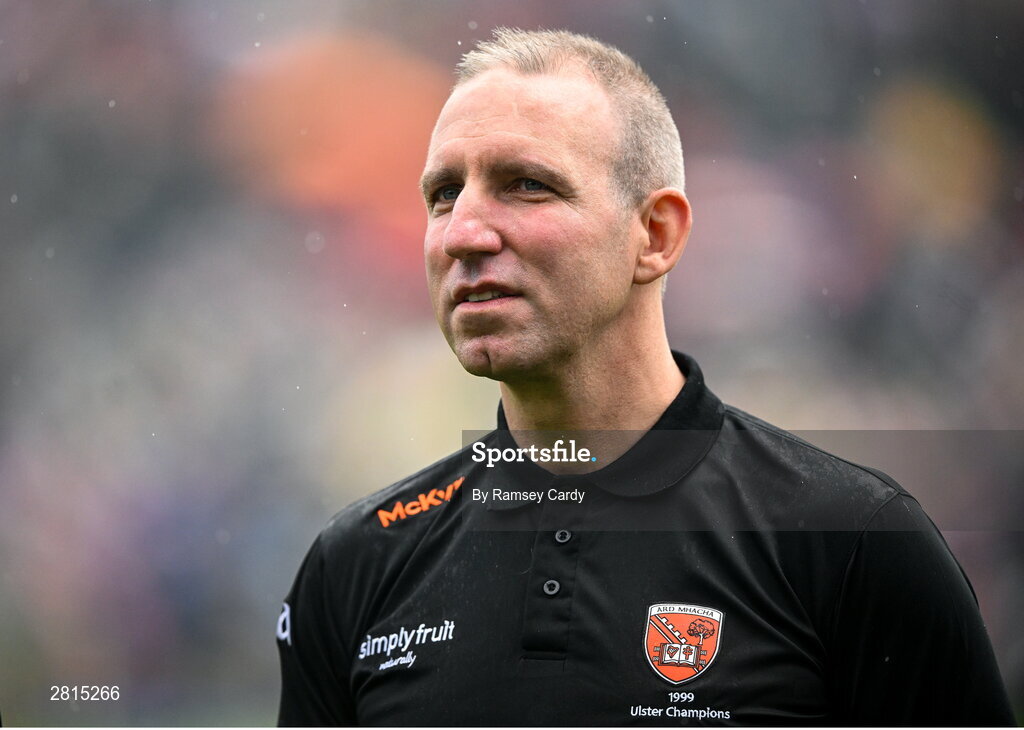 12 May 2024; Enda McNulty on the pitch as their Armagh 1999 Ulster Football Senior Championship winning team were honoured at half-time in the Ulster GAA Football Senior Championship final match between Armagh and Donegal at St Tiernach's Park in Clones, Monaghan.  Photo by Ramsey Cardy/Sportsfile