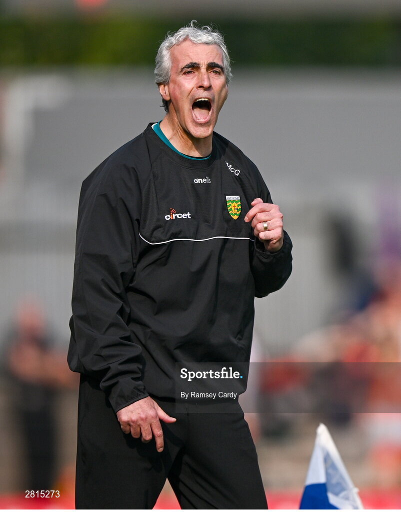 12 May 2024; Donegal manager Jim McGuinness during the Ulster GAA Football Senior Championship final match between Armagh and Donegal at St Tiernach's Park in Clones, Monaghan. Photo by Ramsey Cardy/Sportsfile