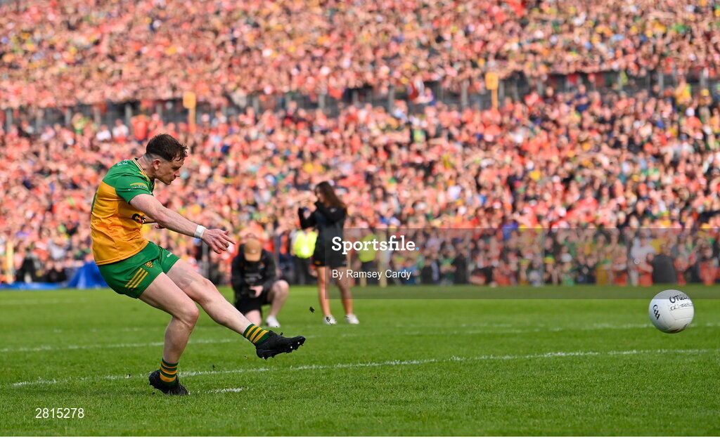 12 May 2024; Ciaran Thompson of Donegal in the penalty shoot-out of the Ulster GAA Football Senior Championship final match between Armagh and Donegal at St Tiernach's Park in Clones, Monaghan. Photo by Ramsey Cardy/Sportsfile