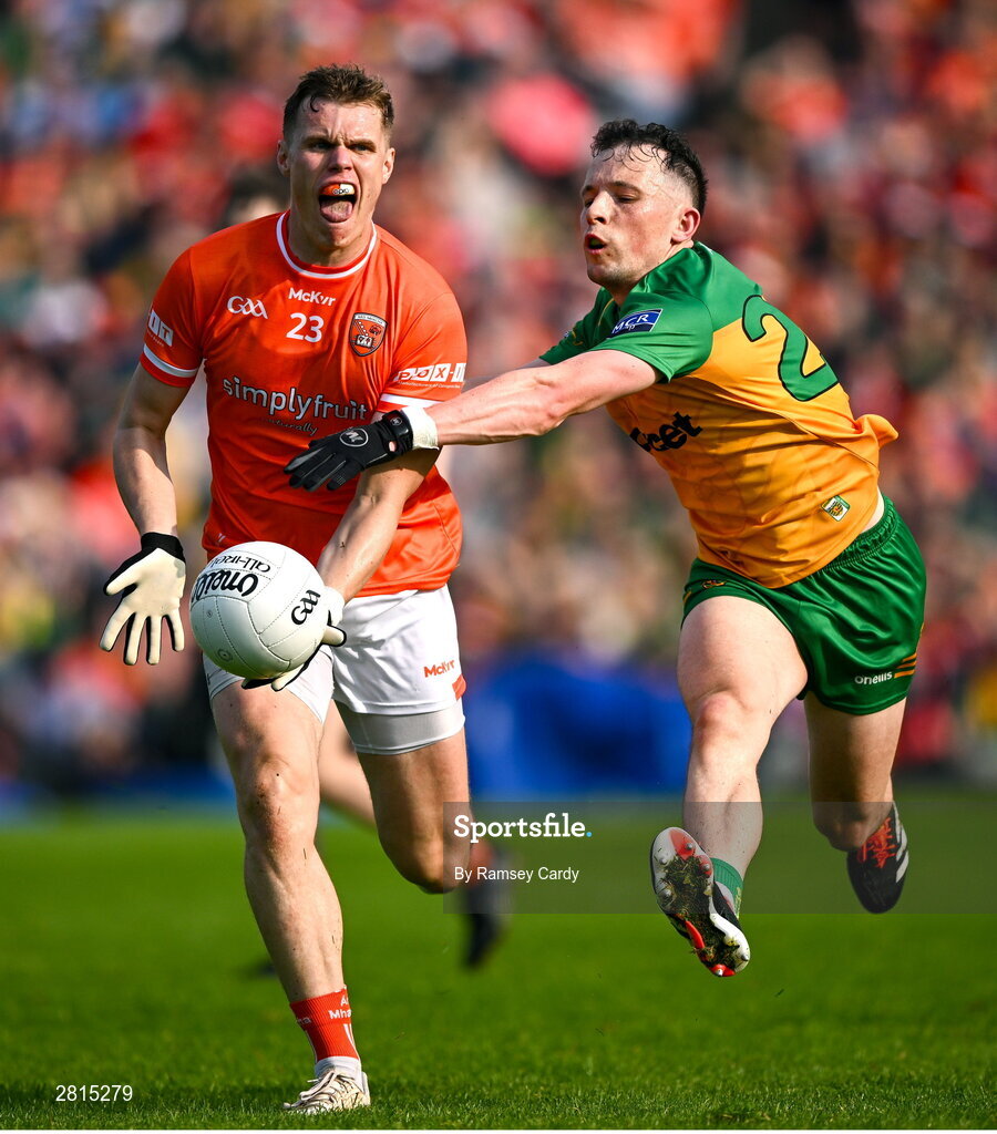 12 May 2024; Oisin O'Neill of Armagh in action against Aaron Doherty of Donegal during the Ulster GAA Football Senior Championship final match between Armagh and Donegal at St Tiernach's Park in Clones, Monaghan. Photo by Ramsey Cardy/Sportsfile