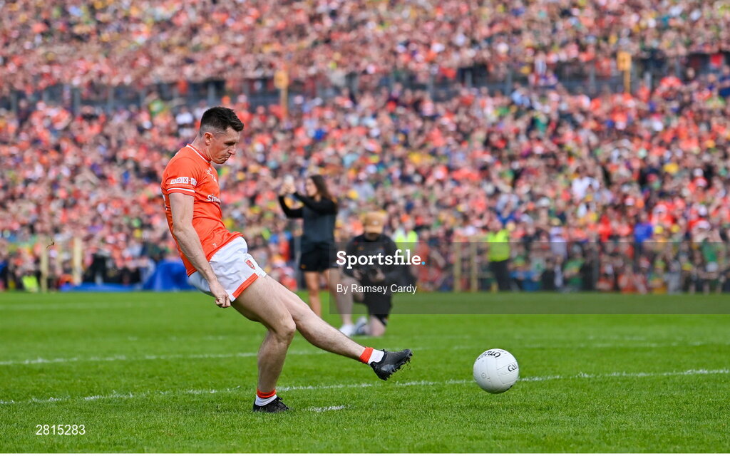 12 May 2024; Shane McPartlan of Armagh in the penalty shoot-out of the Ulster GAA Football Senior Championship final match between Armagh and Donegal at St Tiernach's Park in Clones, Monaghan. Photo by Ramsey Cardy/Sportsfile