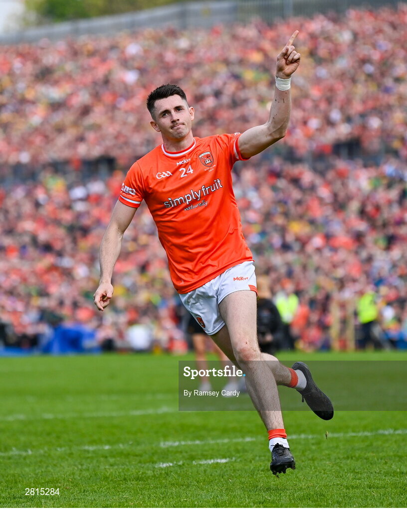 12 May 2024; Shane McPartlan of Armagh celebrates scoring in the penalty shoot-out of the Ulster GAA Football Senior Championship final match between Armagh and Donegal at St Tiernach's Park in Clones, Monaghan. Photo by Ramsey Cardy/Sportsfile
