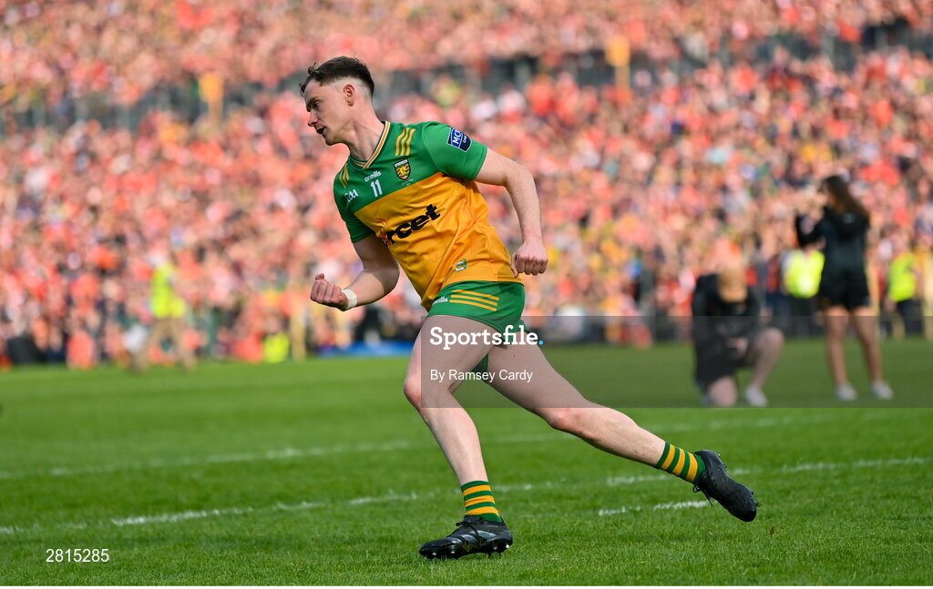 12 May 2024; Ciaran Thompson of Donegal celebrates scoring in the penalty shoot-out of the Ulster GAA Football Senior Championship final match between Armagh and Donegal at St Tiernach's Park in Clones, Monaghan. Photo by Ramsey Cardy/Sportsfile