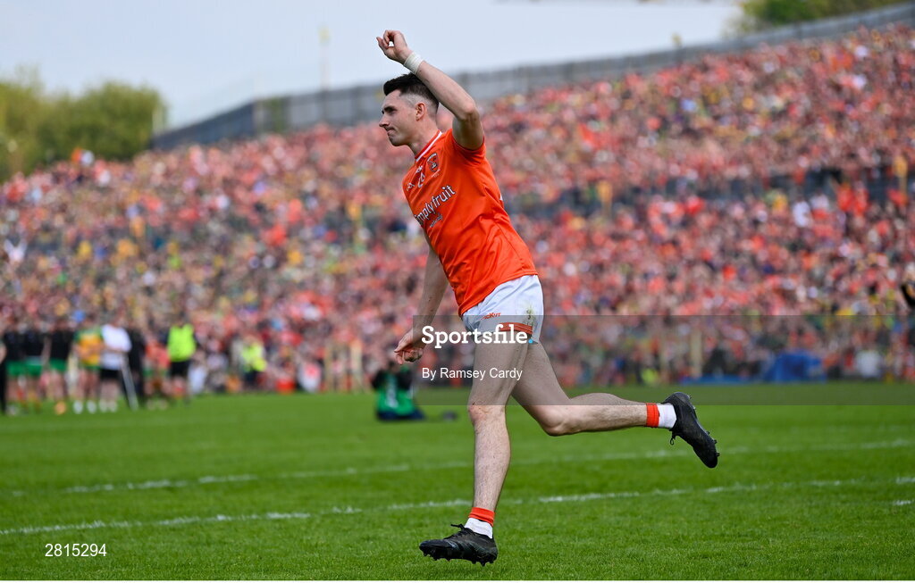 12 May 2024; Shane McPartlan of Armagh celebrates scoring in the penalty shoot-out of the Ulster GAA Football Senior Championship final match between Armagh and Donegal at St Tiernach's Park in Clones, Monaghan. Photo by Ramsey Cardy/Sportsfile