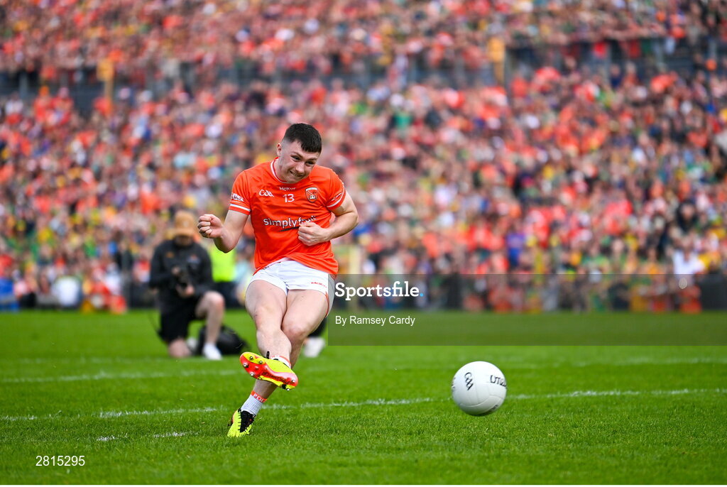 12 May 2024; Oisin Conaty of Armagh in the penalty shoot-out of the Ulster GAA Football Senior Championship final match between Armagh and Donegal at St Tiernach's Park in Clones, Monaghan. Photo by Ramsey Cardy/Sportsfile