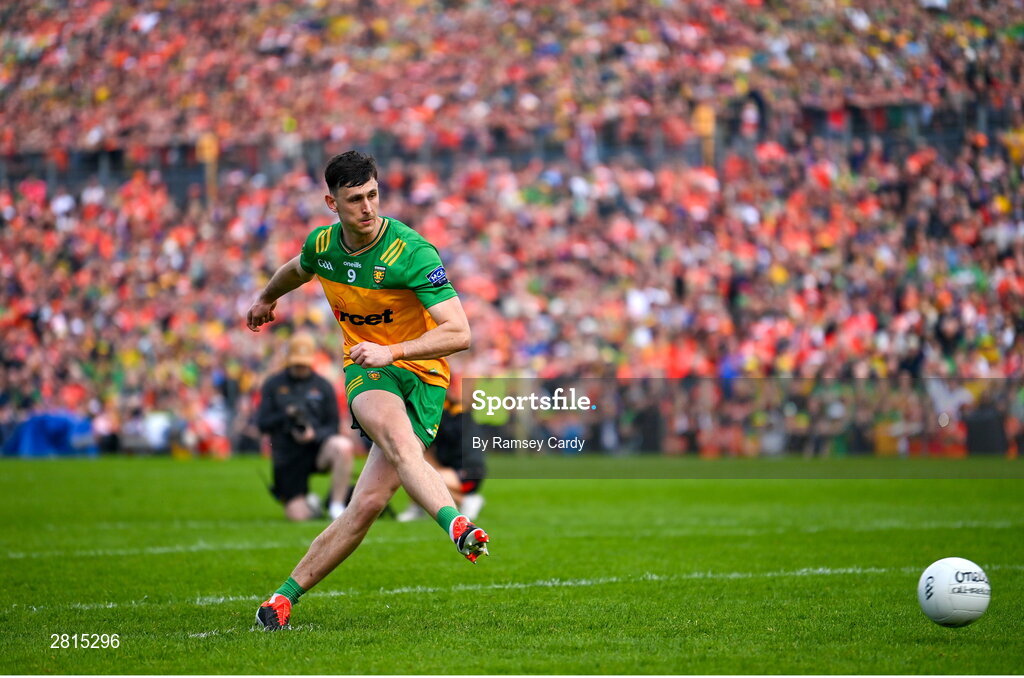 12 May 2024; Michael Langan of Donegal in the penalty shoot-out of the Ulster GAA Football Senior Championship final match between Armagh and Donegal at St Tiernach's Park in Clones, Monaghan. Photo by Ramsey Cardy/Sportsfile