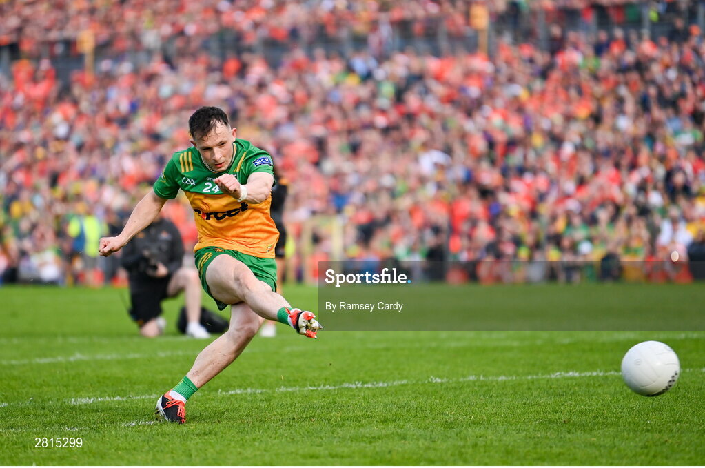 12 May 2024; Aaron Doherty of Donegal in the penalty shoot-out of the Ulster GAA Football Senior Championship final match between Armagh and Donegal at St Tiernach's Park in Clones, Monaghan. Photo by Ramsey Cardy/Sportsfile