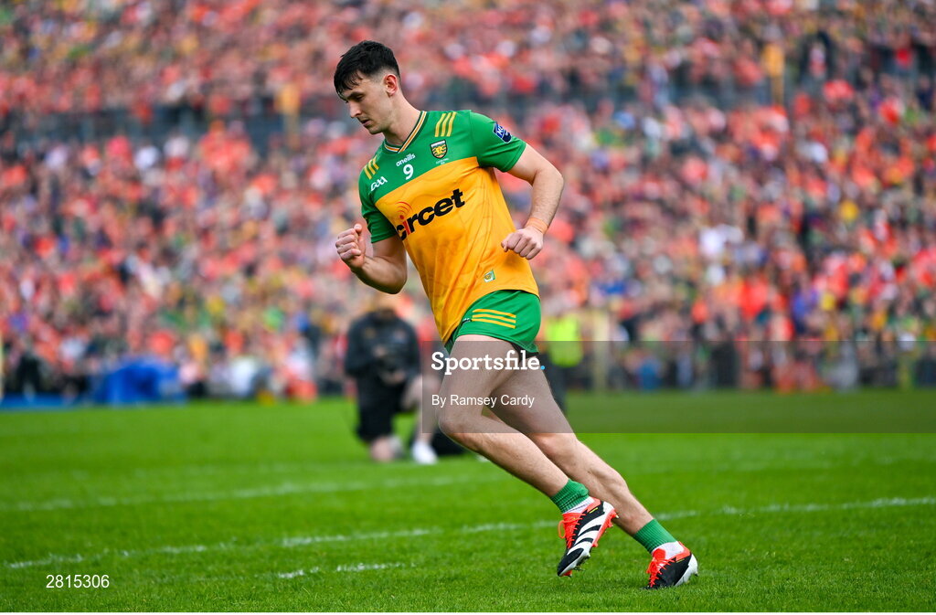 12 May 2024; Michael Langan of Donegal celebrates scoring in the penalty shoot-out of the Ulster GAA Football Senior Championship final match between Armagh and Donegal at St Tiernach's Park in Clones, Monaghan. Photo by Ramsey Cardy/Sportsfile