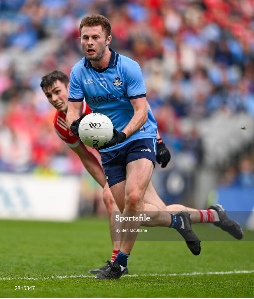 12 May 2024; Jack McCaffrey of Dublin and Dan Corcoran of Louth during the Leinster GAA Football Senior Championship final match between Dublin and Louth at Croke Park in Dublin. Photo by Ben McShane/Sportsfile