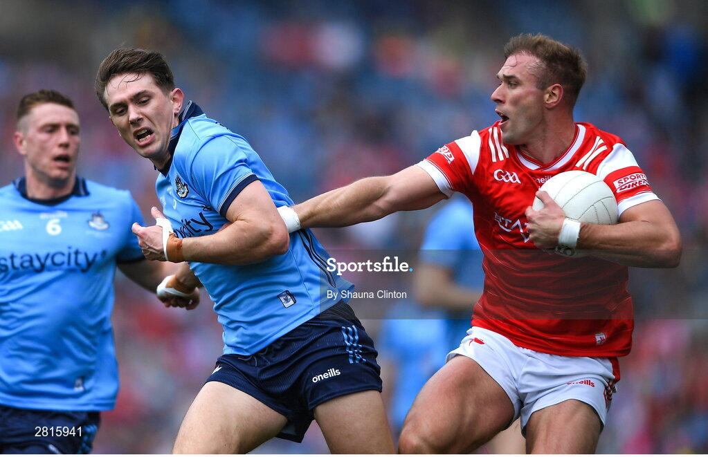 12 May 2024; Conor Grimes of Louth in action against Michael Fitzsimons of Dublin during the Leinster GAA Football Senior Championship final match between Dublin and Louth at Croke Park in Dublin. Photo by Shauna Clinton/Sportsfile