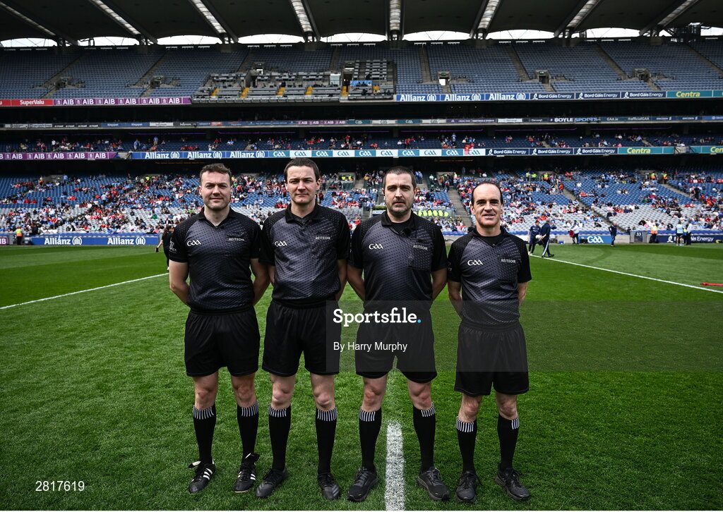 12 May 2024; Referee Noel Mooney and his match officials before the Leinster GAA Football Senior Championship final match between Dublin and Louth at Croke Park in Dublin. Photo by Harry Murphy/Sportsfile