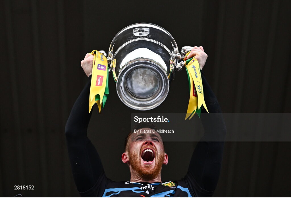 12 May 2024; Donegal goalkeeper Shaun Patton lifts the Anglo Celt cup after his side's victory in the Ulster GAA Football Senior Championship final match between Armagh and Donegal at St Tiernach's Park in Clones, Monaghan. Photo by Piaras Ó Mídheach/Sportsfile