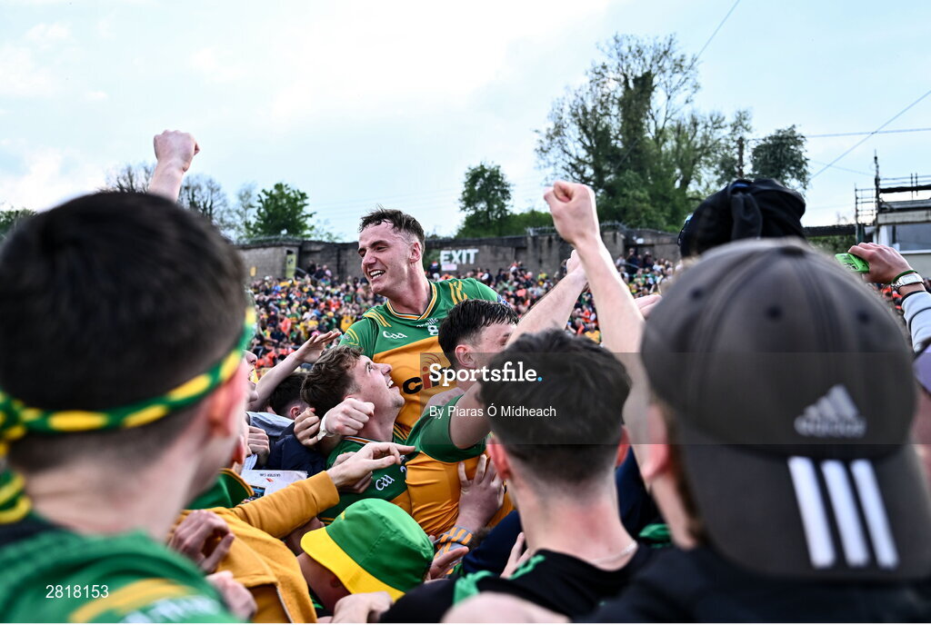 12 May 2024; Jason McGee of Donegal celebrates with supporters after the Ulster GAA Football Senior Championship final match between Armagh and Donegal at St Tiernach's Park in Clones, Monaghan. Photo by Piaras Ó Mídheach/Sportsfile