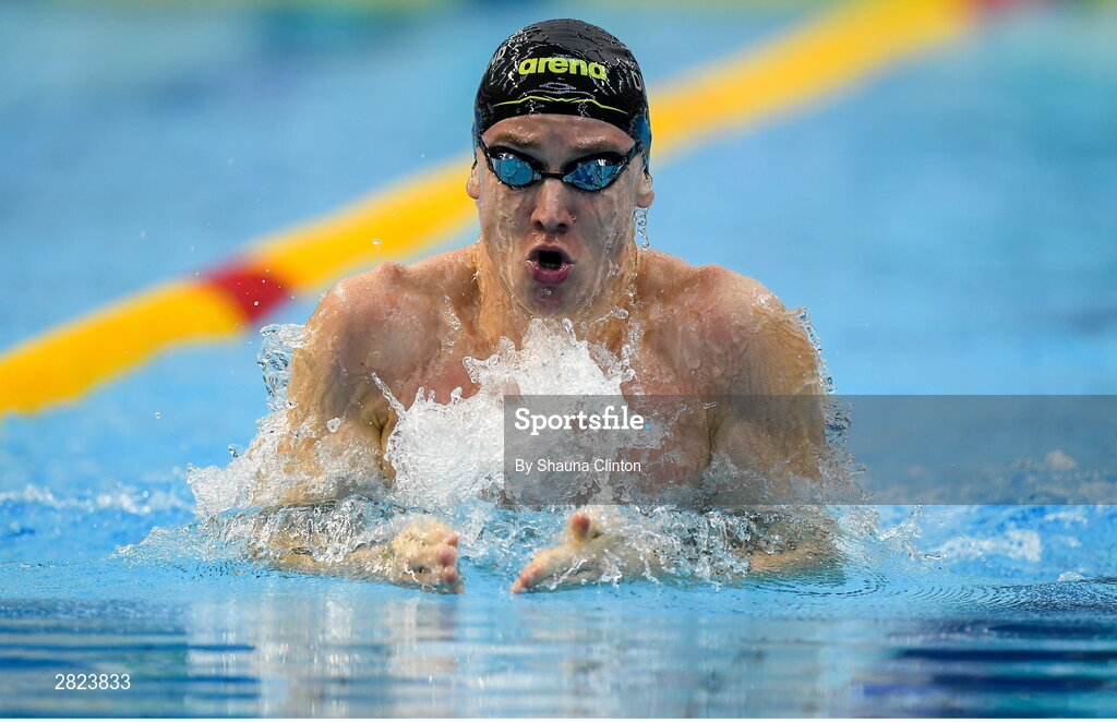 23 May 2024; Eoin Corby of Limerick Swimming Club competes in the Men's 100m Breaststroke Heats during day two of the Ireland Olympic Swimming Trials at the National Aquatic Centre on the Sport Ireland Campus in Dublin. Photo by Shauna Clinton/Sportsfile