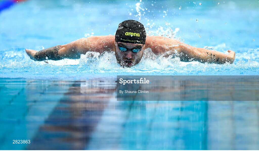 23 May 2024; Barry McClements of NCU A competes in the Men's 100m Butterfly Heats during day two of the Ireland Olympic Swimming Trials at the National Aquatic Centre on the Sport Ireland Campus in Dublin. Photo by Shauna Clinton/Sportsfile