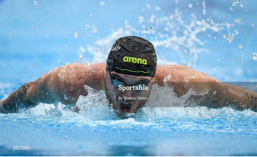 23 May 2024; Barry McClements of NCU A competes in the Men's 100m Butterfly Heats during day two of the Ireland Olympic Swimming Trials at the National Aquatic Centre on the Sport Ireland Campus in Dublin. Photo by Shauna Clinton/Sportsfile
