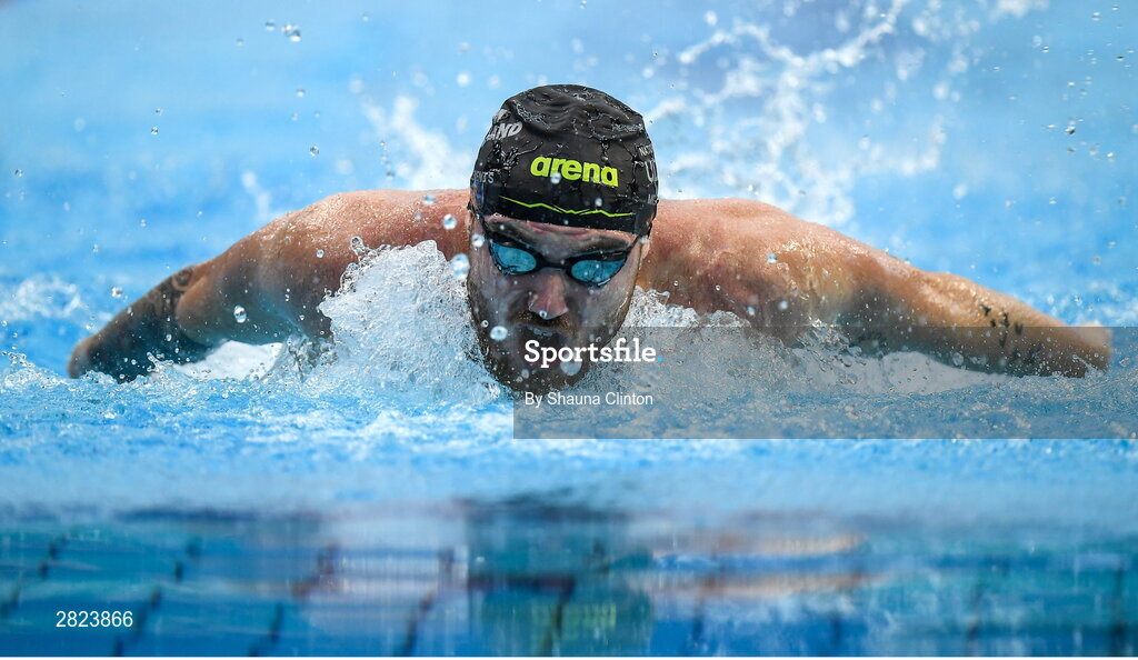 23 May 2024; Barry McClements of NCU A competes in the Men's 100m Butterfly Heats during day two of the Ireland Olympic Swimming Trials at the National Aquatic Centre on the Sport Ireland Campus in Dublin. Photo by Shauna Clinton/Sportsfile
