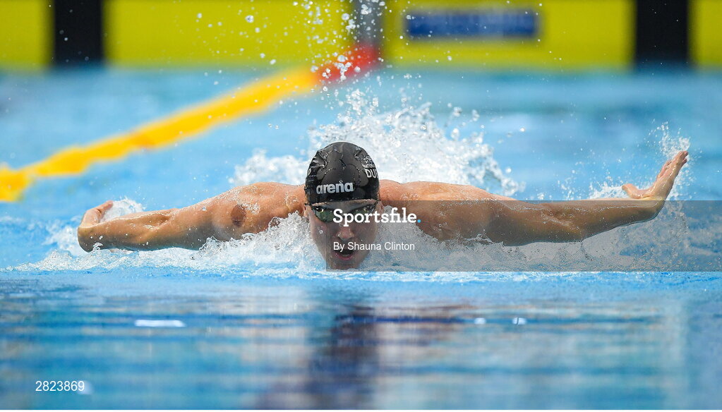 23 May 2024; Shane Ryan of NCD competes in the Men's 100m Butterfly Heats during day two of the Ireland Olympic Swimming Trials at the National Aquatic Centre on the Sport Ireland Campus in Dublin. Photo by Shauna Clinton/Sportsfile