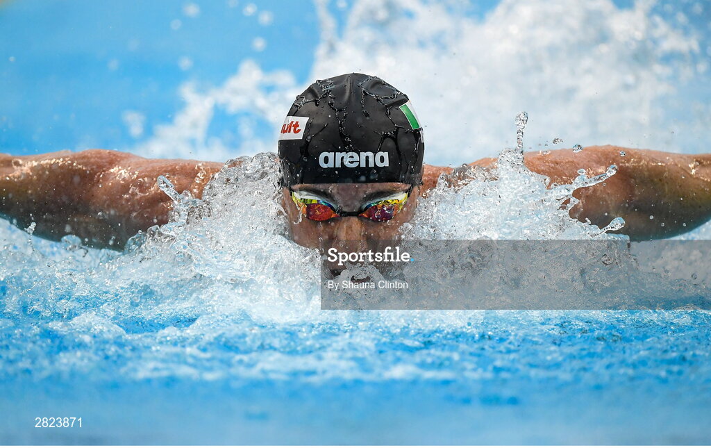 23 May 2024; Max McCusker of Dolphin Swimming Club competes in the Men's 100m Butterfly Heats during day two of the Ireland Olympic Swimming Trials at the National Aquatic Centre on the Sport Ireland Campus in Dublin. Photo by Shauna Clinton/Sportsfile