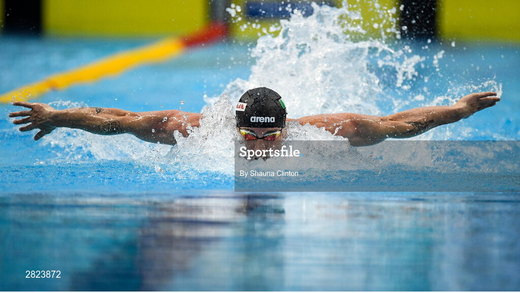 23 May 2024; Max McCusker of Dolphin Swimming Club competes in the Men's 100m Butterfly Heats during day two of the Ireland Olympic Swimming Trials at the National Aquatic Centre on the Sport Ireland Campus in Dublin. Photo by Shauna Clinton/Sportsfile