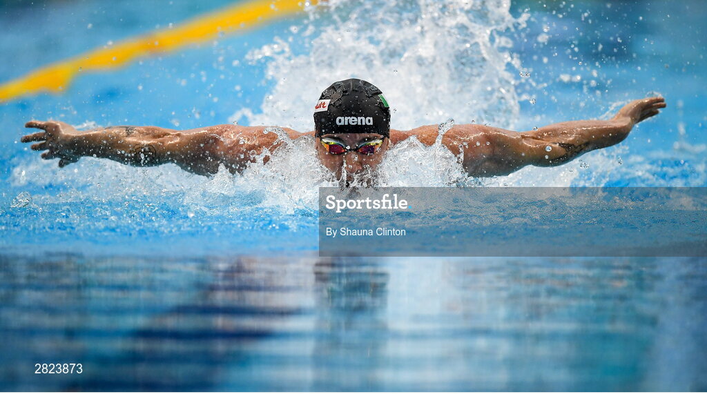 23 May 2024; Max McCusker of Dolphin Swimming Club competes in the Men's 100m Butterfly Heats during day two of the Ireland Olympic Swimming Trials at the National Aquatic Centre on the Sport Ireland Campus in Dublin. Photo by Shauna Clinton/Sportsfile