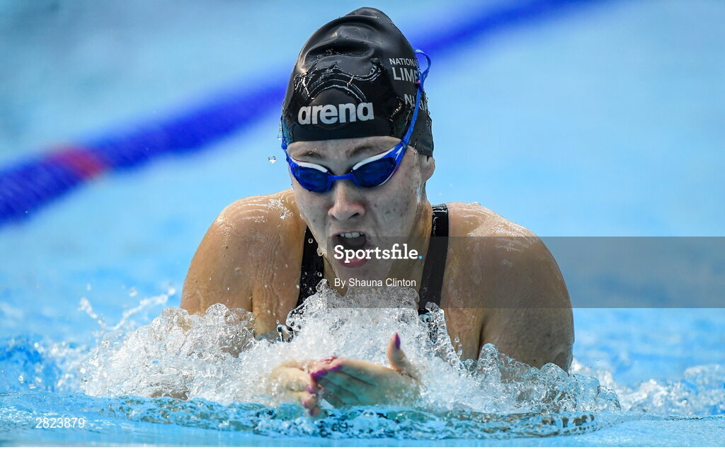 23 May 2024; Roisín Ní Riain of Limerick Swimming Club competes in the Women's 100m Breaststroke Heats during day two of the Ireland Olympic Swimming Trials at the National Aquatic Centre on the Sport Ireland Campus in Dublin. Photo by Shauna Clinton/Sportsfile