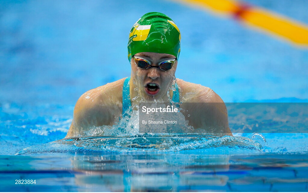 23 May 2024; Olwyn Cooke of Limerick competes in the Women's 100m Breaststroke Heats during day two of the Ireland Olympic Swimming Trials at the National Aquatic Centre on the Sport Ireland Campus in Dublin. Photo by Shauna Clinton/Sportsfile
