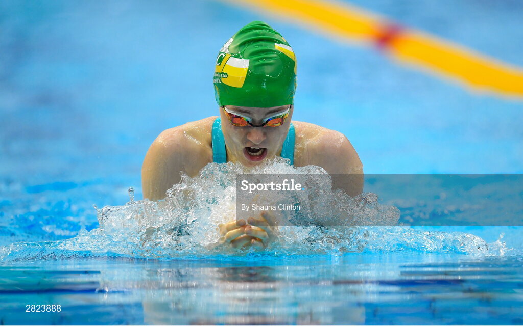 23 May 2024; Olwyn Cooke of Limerick competes in the Women's 100m Breaststroke Heats during day two of the Ireland Olympic Swimming Trials at the National Aquatic Centre on the Sport Ireland Campus in Dublin. Photo by Shauna Clinton/Sportsfile