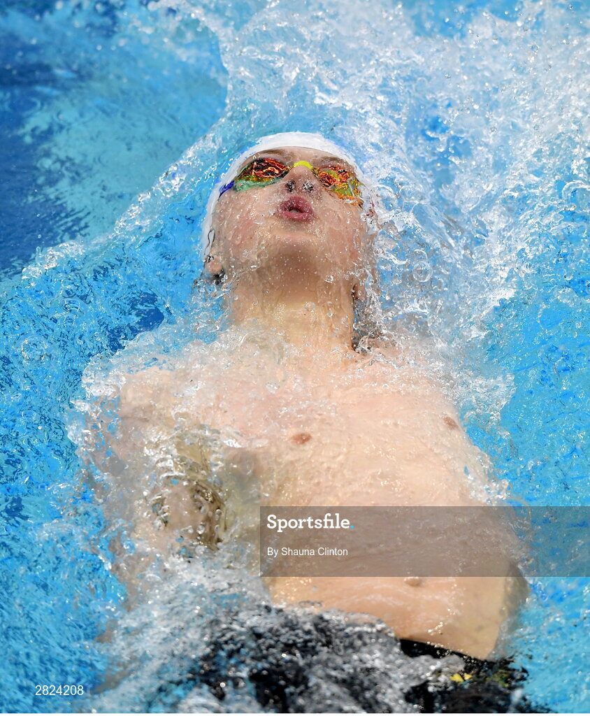 23 May 2024; Mark Cormican of Bluefin Swim Team competes in the Men's 100m Backstroke Finals during day two of the Ireland Olympic Swimming Trials at the National Aquatic Centre on the Sport Ireland Campus in Dublin. Photo by Shauna Clinton/Sportsfile