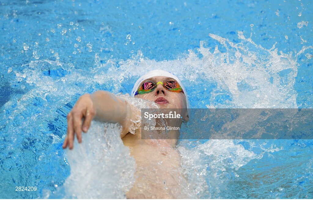 23 May 2024; Mark Cormican of Bluefin Swim Team competes in the Men's 100m Backstroke Finals during day two of the Ireland Olympic Swimming Trials at the National Aquatic Centre on the Sport Ireland Campus in Dublin. Photo by Shauna Clinton/Sportsfile