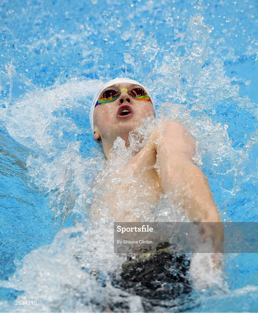23 May 2024; Mark Cormican of Bluefin Swim Team competes in the Men's 100m Backstroke Finals during day two of the Ireland Olympic Swimming Trials at the National Aquatic Centre on the Sport Ireland Campus in Dublin. Photo by Shauna Clinton/Sportsfile