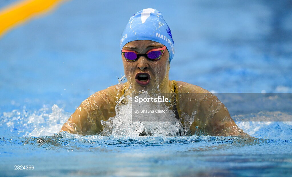 23 May 2024; Amy Noble of Asgard Swimming Club competes in the Women's 200m Individual Medley Finals during day two of the Ireland Olympic Swimming Trials at the National Aquatic Centre on the Sport Ireland Campus in Dublin. Photo by Shauna Clinton/Sportsfile