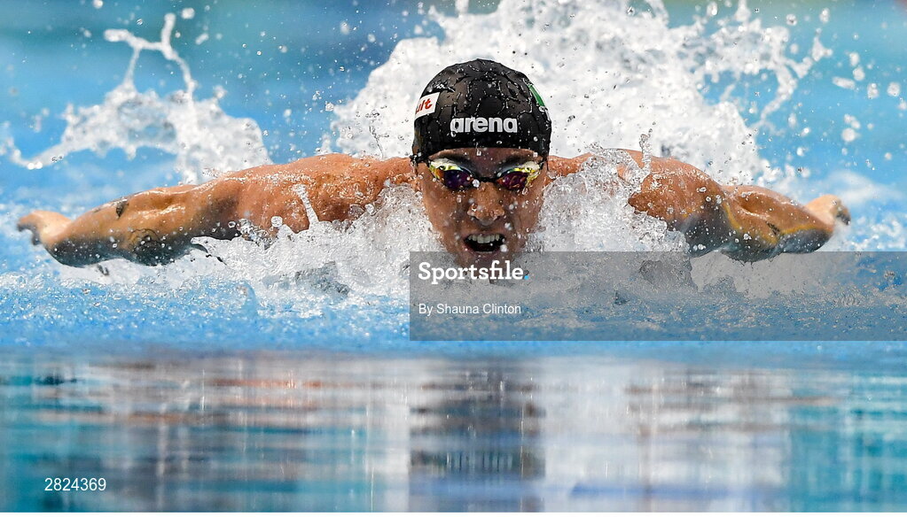 23 May 2024; Max McCusker of Dolphin Swimming Club competes in the Men's 100m Butterfly Finals during day two of the Ireland Olympic Swimming Trials at the National Aquatic Centre on the Sport Ireland Campus in Dublin. Photo by Shauna Clinton/Sportsfile