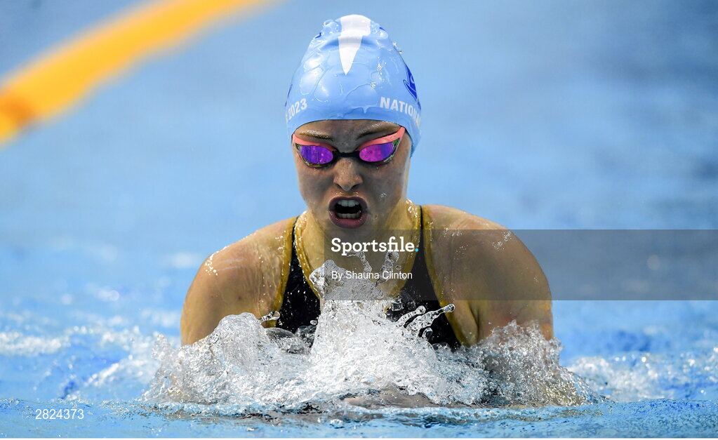 23 May 2024; Amy Noble of Asgard Swimming Club competes in the Women's 200m Individual Medley Finals during day two of the Ireland Olympic Swimming Trials at the National Aquatic Centre on the Sport Ireland Campus in Dublin. Photo by Shauna Clinton/Sportsfile