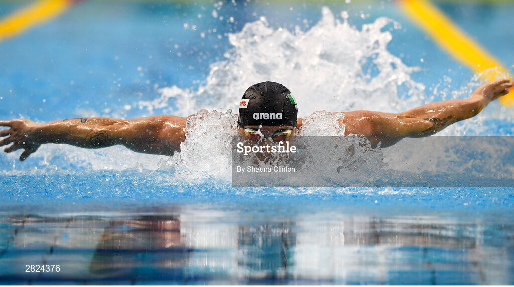 23 May 2024; Max McCusker of Dolphin Swimming Club competes in the Men's 100m Butterfly Finals during day two of the Ireland Olympic Swimming Trials at the National Aquatic Centre on the Sport Ireland Campus in Dublin. Photo by Shauna Clinton/Sportsfile