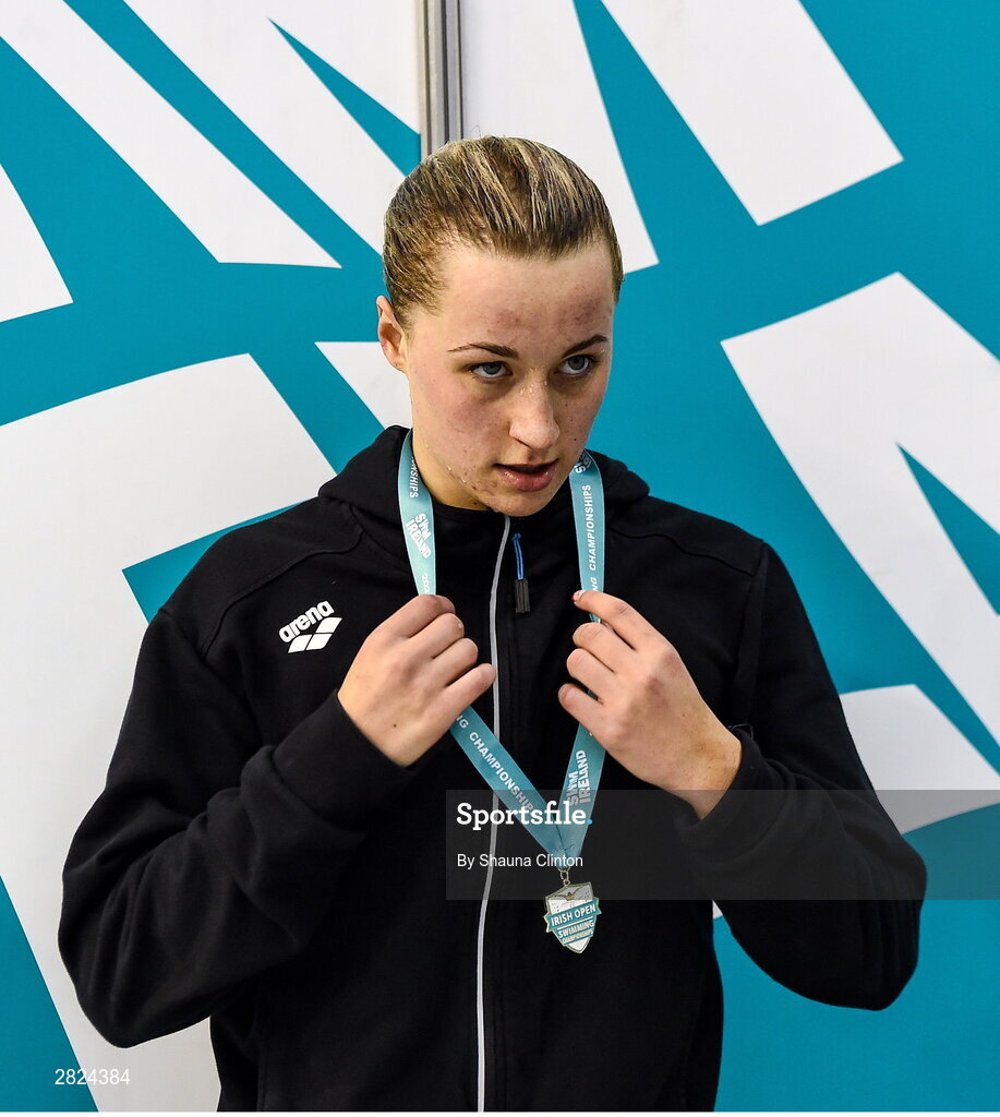 23 May 2024; Ellie McCarthy of National Centre Limerick Ards with her gold medal after winning in the Women's 200m Individual Medley Super Final during day two of the Ireland Olympic Swimming Trials at the National Aquatic Centre on the Sport Ireland Campus in Dublin. Photo by Shauna Clinton/Sportsfile