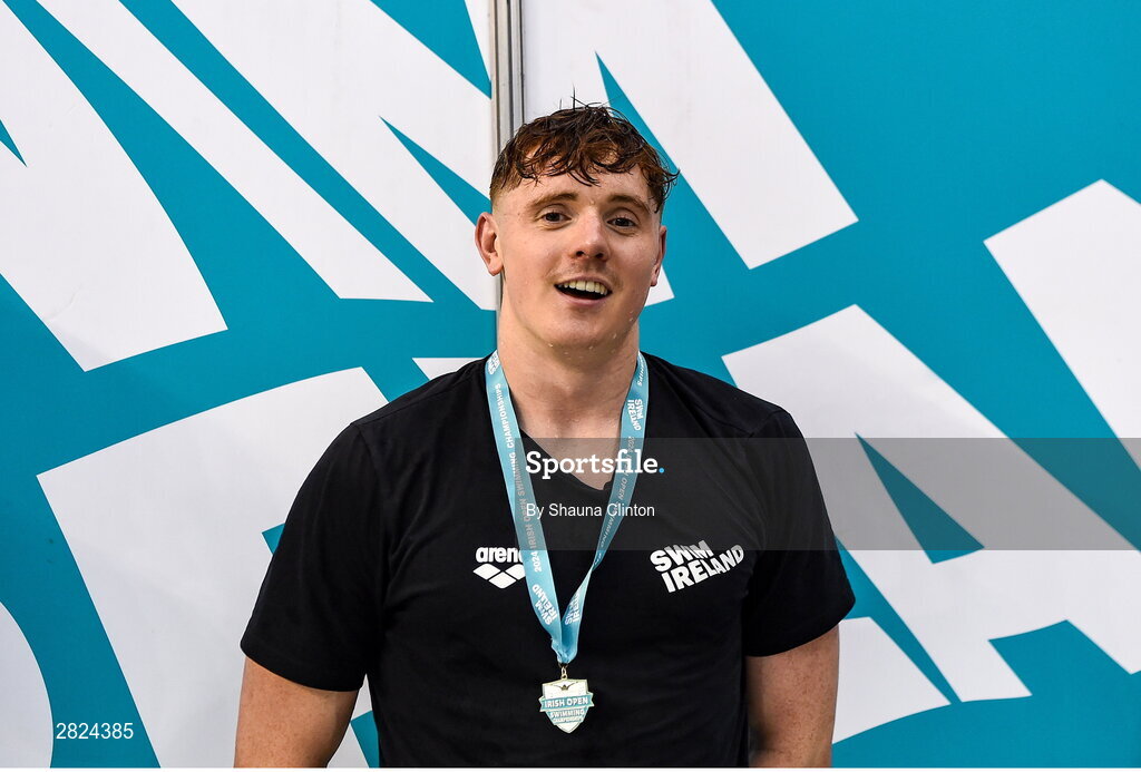 23 May 2024; Finn McGeever of National Centre Limerick with his gold medal after winning the Men's 200m Freestyle Super Final during day two of the Ireland Olympic Swimming Trials at the National Aquatic Centre on the Sport Ireland Campus in Dublin. Photo by Shauna Clinton/Sportsfile