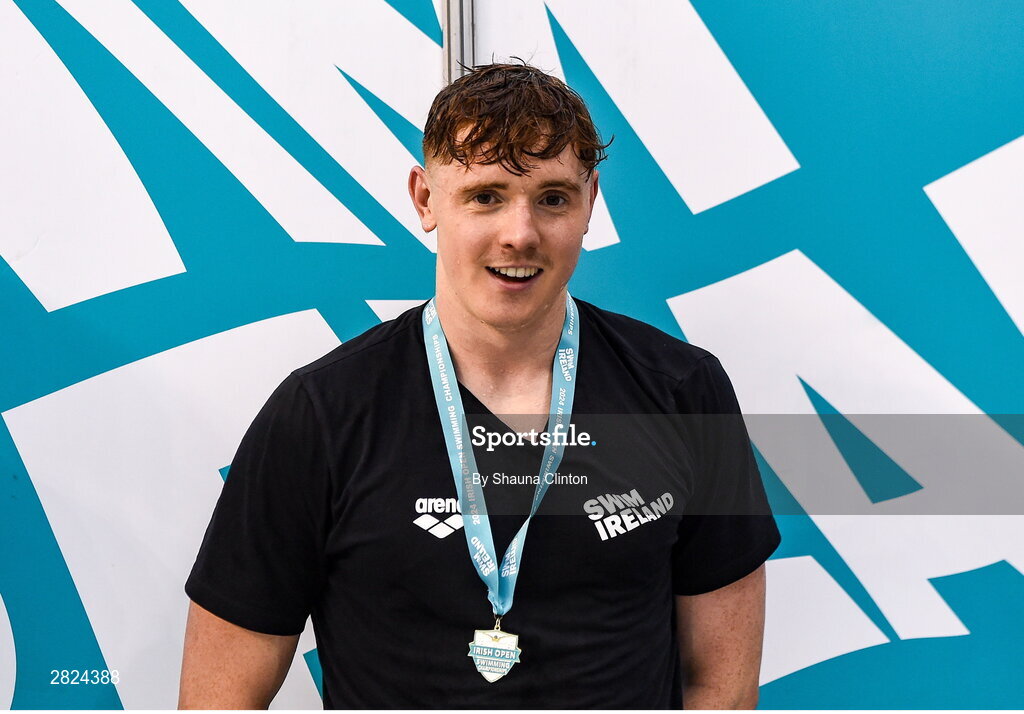 23 May 2024; Finn McGeever of National Centre Limerick with his gold medal after winning the Men's 200m Freestyle Super Final during day two of the Ireland Olympic Swimming Trials at the National Aquatic Centre on the Sport Ireland Campus in Dublin. Photo by Shauna Clinton/Sportsfile