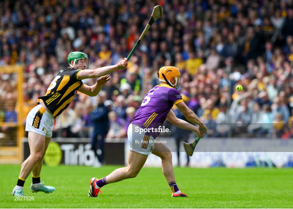 26 May 2024; Damien Reck of Wexford is tackled by Martin Keoghan of Kilkenny during the Leinster GAA Hurling Senior Championship Round 5 match between Kilkenny and Wexford at UPMC Nowlan Park in Kilkenny. Photo by Ray McManus/Sportsfile
