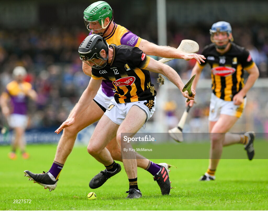 26 May 2024; Tom Phelan of Kilkenny is tackled by Matthew O'Hanlon of Wexford during the Leinster GAA Hurling Senior Championship Round 5 match between Kilkenny and Wexford at UPMC Nowlan Park in Kilkenny. Photo by Ray McManus/Sportsfile