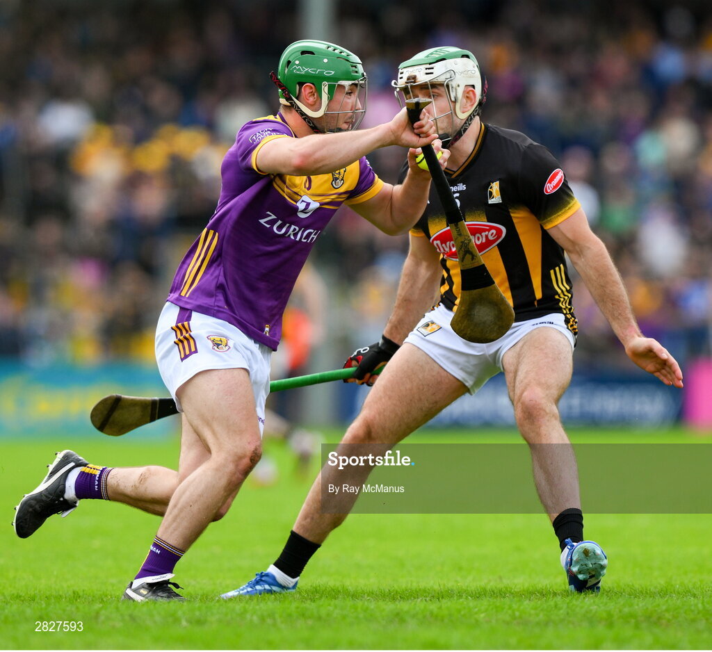 26 May 2024; Richie Lawlor of Wexford is tackled by Paddy Deegan of Kilkenny during the Leinster GAA Hurling Senior Championship Round 5 match between Kilkenny and Wexford at UPMC Nowlan Park in Kilkenny. Photo by Ray McManus/Sportsfile