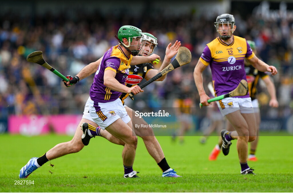 26 May 2024; Richie Lawlor of Wexford is tackled by Paddy Deegan of Kilkenny during the Leinster GAA Hurling Senior Championship Round 5 match between Kilkenny and Wexford at UPMC Nowlan Park in Kilkenny. Photo by Ray McManus/Sportsfile