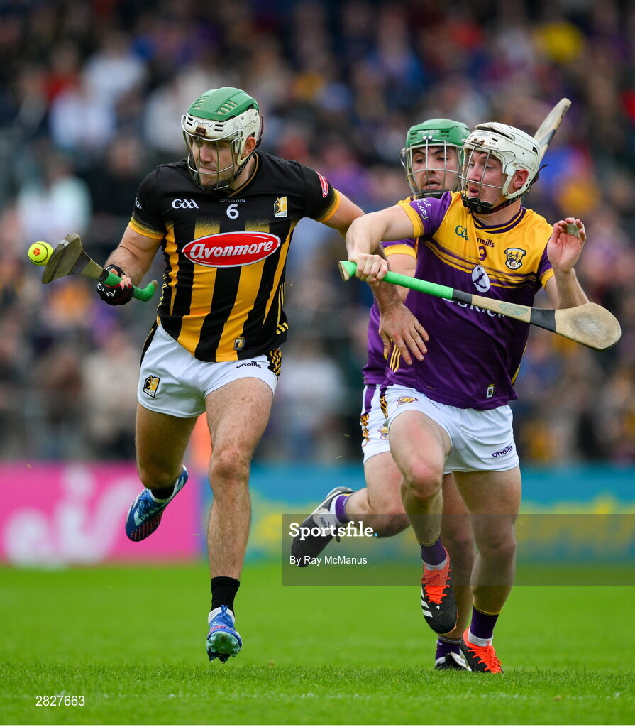 26 May 2024; Paddy Deegan of Kilkenny in action against Cathal Dunbar and Richie Lawlor of Wexford during the Leinster GAA Hurling Senior Championship Round 5 match between Kilkenny and Wexford at UPMC Nowlan Park in Kilkenny. Photo by Ray McManus/Sportsfile