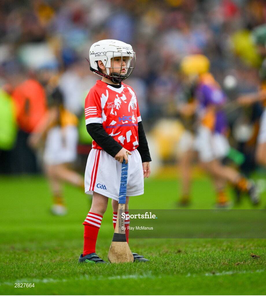 26 May 2024; Seven year old Dylan Clancy of the Young Ireland All Stars team awaits the start of the half time game during the Leinster GAA Hurling Senior Championship Round 5 match between Kilkenny and Wexford at UPMC Nowlan Park in Kilkenny. Photo by Ray McManus/Sportsfile