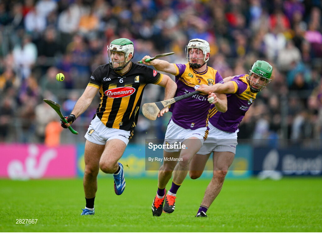 26 May 2024; Paddy Deegan of Kilkenny in action against Cathal Dunbar and Richie Lawlor of Wexford, right, during the Leinster GAA Hurling Senior Championship Round 5 match between Kilkenny and Wexford at UPMC Nowlan Park in Kilkenny. Photo by Ray McManus/Sportsfile