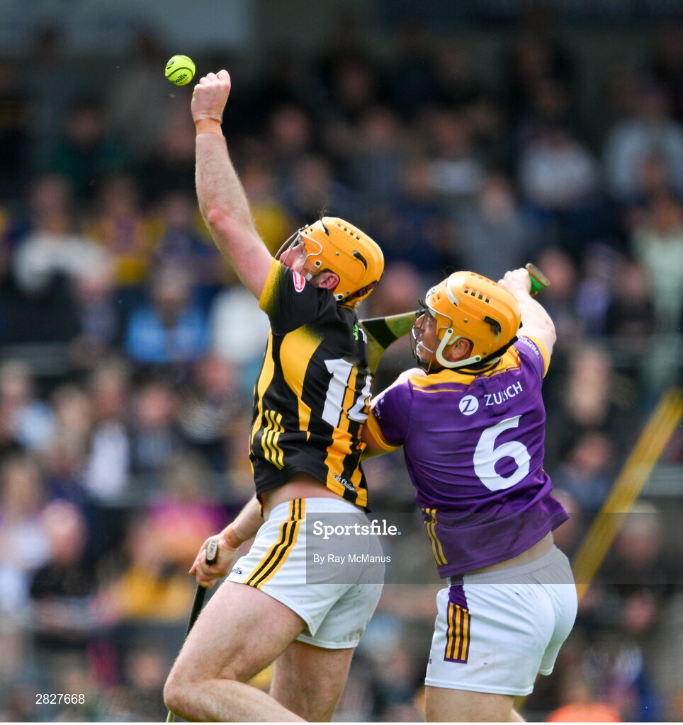 26 May 2024; Billy Ryan of Kilkenny is tackled by Damien Reck of Wexford during the Leinster GAA Hurling Senior Championship Round 5 match between Kilkenny and Wexford at UPMC Nowlan Park in Kilkenny. Photo by Ray McManus/Sportsfile