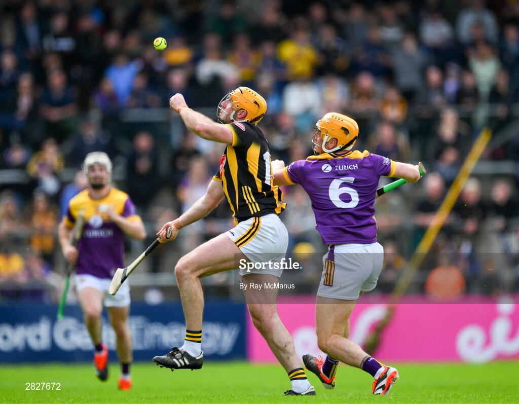 26 May 2024; Billy Ryan of Kilkenny is tackled by Damien Reck of Wexford during the Leinster GAA Hurling Senior Championship Round 5 match between Kilkenny and Wexford at UPMC Nowlan Park in Kilkenny. Photo by Ray McManus/Sportsfile